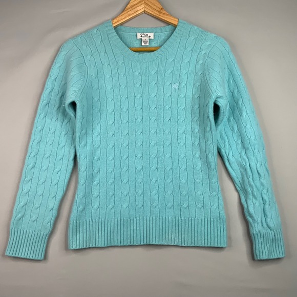 Lilly Pulitzer Womens Cable Knit Cashmere Sweater Size S Aqua Blue Palm Tree - Picture 1 of 6